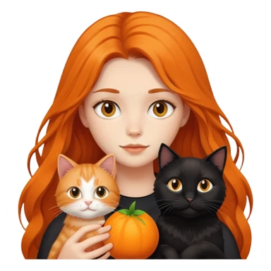 A long-haired girl holding a black cat and an orange long haired cat sticker