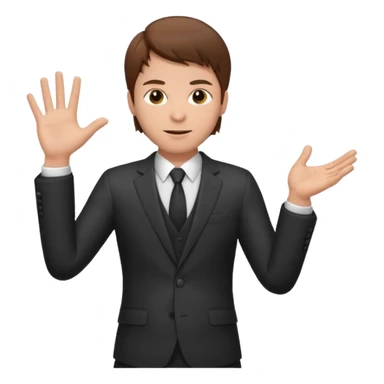 Mach mir einen Tyoen mit braunen haaren und im anzug der männlich ist der mit seiner linken hand zur seite zeigt sticker