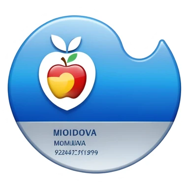 rounded business ID card with blue-silver gradient background, placeholder lines, left-aligned generic photo silhouette, Moldova-inspired heraldic symbol in top-left, Apple emoji style, transparent background sticker