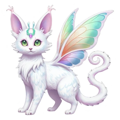 Pure-snow-White albino iridescent with pastel rainbow-gradients-color-markings with swirly patterns butterflies  faerie-Noivern-Noibat-Purloin-Torracat-Lykoi-Caracal-cat-Fakemon-fusion-hybrid-creature sticker