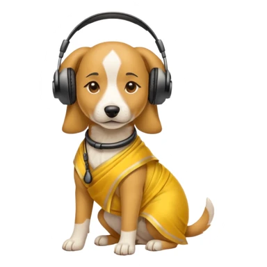 dog, saree dress with headphone, yellow sticker