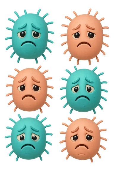 EMOJI STILE IPHONE DI 3 BATTERI INTESTINALI turchesi tristi e 3 batteri intestinali rosa salmone tristi CHE FLUTTUANO IN ARIA IPERREALISTICO 4K sticker