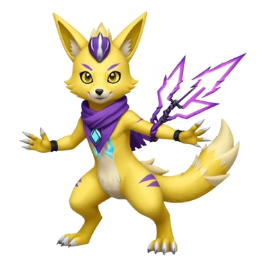 Furry Anthropomorphic Yellow Renamon-Zeraora-Toxtricity-Lombax-Pokémon-Digimon-Fakémon-fusion with purple lightning-bolt-markings, and facial markings, black bandanna scarf (full body) sticker