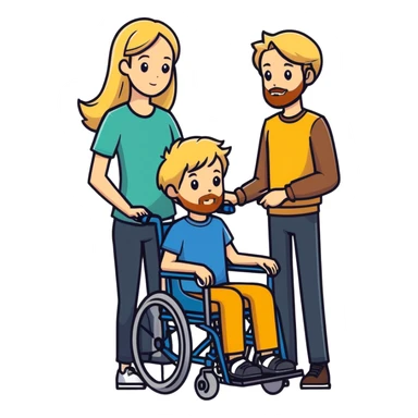 Single long haired blonde women with Single Brown haired Boy in wheelchair with a beard sticker