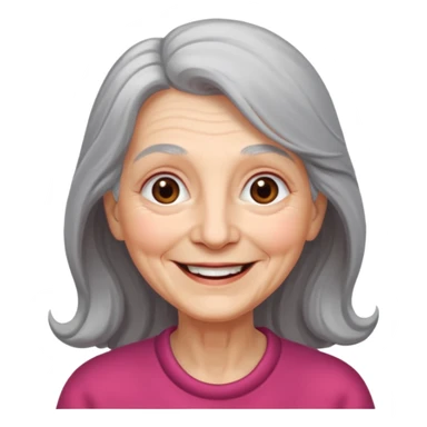 an elderly woman with long, grey hair and a smiling face sticker
