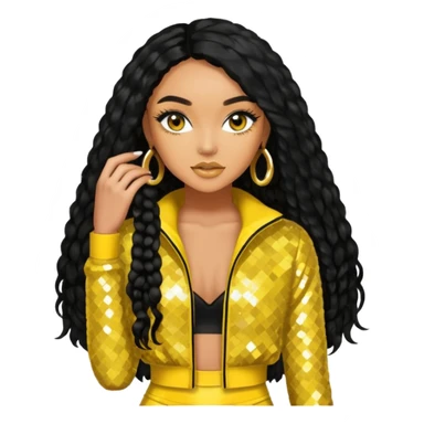 Leigh-Anne Pinnock from Little Mix with long black hair, yellow sequin outfit sticker