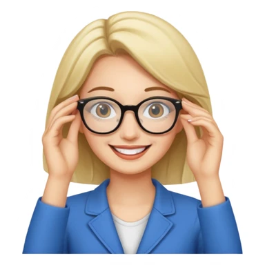 A woman putting on glasses sticker