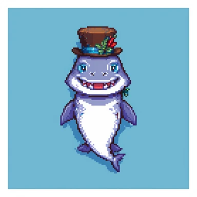 pixel art shark in a tophat, smiling, blue background sticker