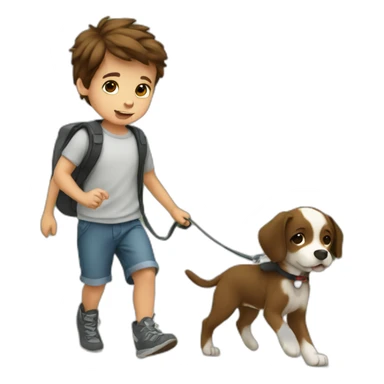 boy kid brown hair walks with puppy sticker