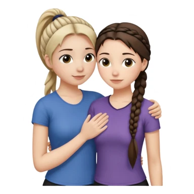 Comforting Hug two white skin women, one shorter woman with medium brown simple top ponytail, not braided, and one taller woman with a single long black side braid sticker