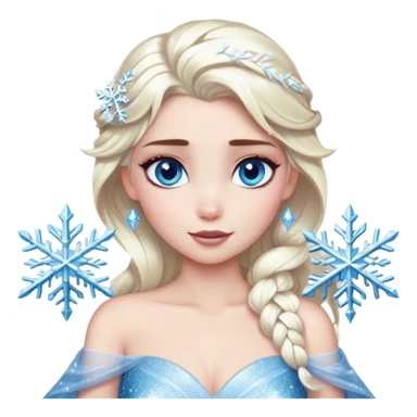 Cinematic Realistic Elsa Portrait, depicted with lifelike skin texture, soft natural lighting, and intricately detailed platinum blonde hair styled elegantly. Her striking, expressive blue eyes exude confidence and grace, complemented by a serene and regal expression. She holds a shimmering snowflake delicately in one hand, her other hand resting against her gown, embodying the power and beauty of winter. She is dressed in her signature icy attire, with shimmering fabric textures and delicate folds that catch the light beautifully. The portrait features a soft, enchanting glow with a cool, radiant finish, capturing the essence of timeless elegance in a realistic and painterly style. sticker