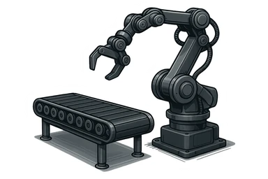 conveyor with multi-armed manipulator, industrial scene, modern style, no background sticker