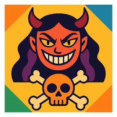 cara malvada sonriendo con cuernos y una calavera con huesos cruzados sticker