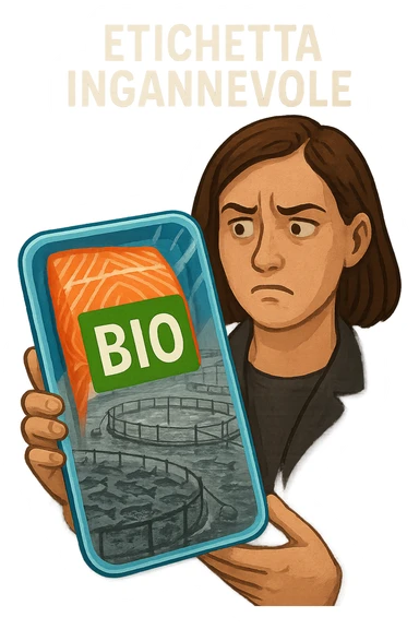 Scena in un supermercato moderno: uomo o donna tiene in mano una confezione di salmone etichettata 'BIO', con un grande bollino verde. Ma in trasparenza, dietro l’etichetta, si intravede un allevamento intensivo di salmoni in gabbie marine, acqua torbida e pesci ammassati. Espressione del cliente confusa e sospettosa. Sopra la testa, testo simbolico fluttuante: 'Etichetta ingannevole'. Colori contrastanti: confezione brillante ma realtà di fondo grigia e artificiale. Stile realistico con elementi simbolici forti sticker