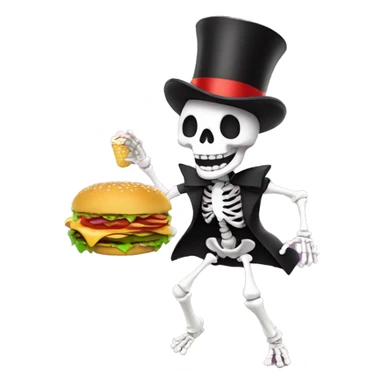 dancing skeleton eating hamburger with a top hat sticker