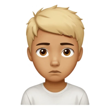 caramel skin color. Teen age. Short buzz, messy blonde hair, dark brown bushy eyebrows large expressive golden-brown eyes, brown skin color, scar over nose, wearing a plain white t-shirt. Disappointed thinking facial expression. caramel skin color sticker