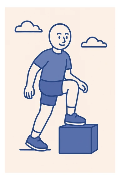 illustration of a human knee doing a step-up exercise, showing the knee lifting onto a step, clear and easy to understand, educational style sticker