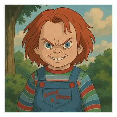 Chucky the doll in horror movie style, red hair, striped shirt, overalls, menacing expression sticker