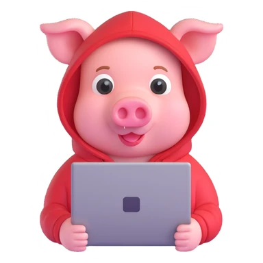 pig hacker emoji, wearing a hoodie, small laptop, minimal details sticker