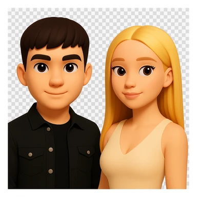 Slightly increase the volume of the upper body of the girl, separate the girl and the boy from each other, make the skin color the same for both. Keep the cartoonish 3D style and maintain the transparent background. The original style is cartoonish 3D. sticker