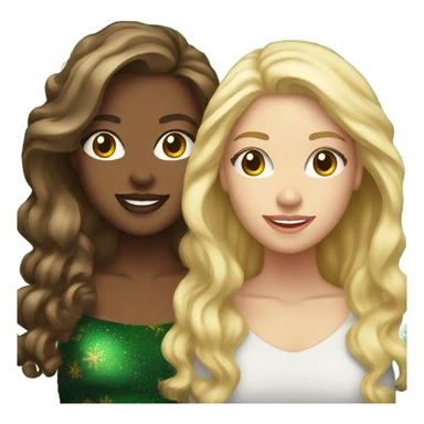 Two light skinned brunettes with a light skinned blonde next to a Christmas tree sticker