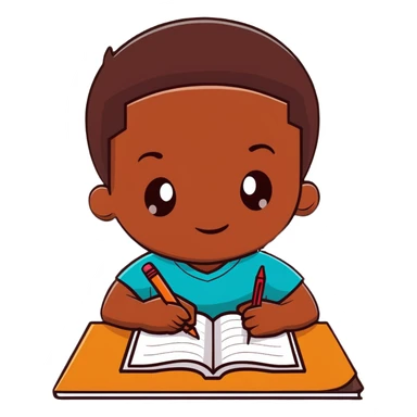 African boy student with brown skin writing with book and pen sticker