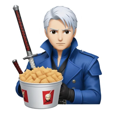 Vergil from Devil May Cry sitting in a KFC bucket, blue coat, white hair, katana sticker
