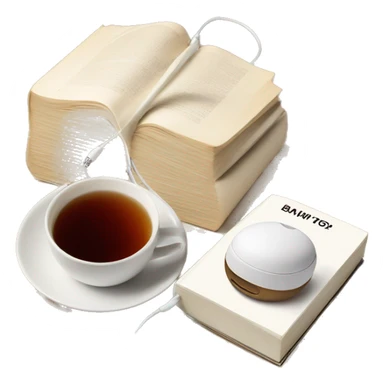 Baige book next to a tea and white headphones sticker