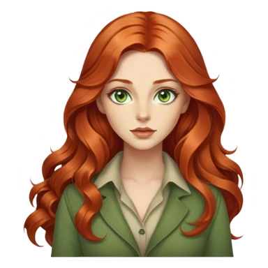 Young handsome woman with long, wavy, copper red hair and beatiful green eyes and light skintone. Clothing in earthy colors, beige or bottle green. large but not exaggerated bust and full lips. the woman looks very natural sticker