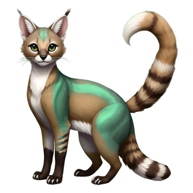 Colorful dark tropical dusky-hunter-green and dark-brownish iridescent pastel white glorious divine exotic cute cool beautiful shiny beautiful fantasy-caracal-civet-genet-sergal-vernid-Cacomistle-oncilla-animal-Fakémon-hybrid-fursona (full body) sticker