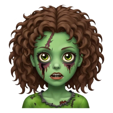 Faça uma garota zombie de cabelo cacheado castanho, olhos castanhos escuro e pele verde d zombie, com o cabelo grande sticker