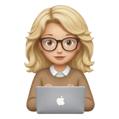 upper body view: blonde girl with dark blonde wavy hair, wearing pantos-style glasses and a brown sweater, sitting with a laptop, flat vector design, soft pastel colors, white background, Apple emoji style, upper body shot sticker