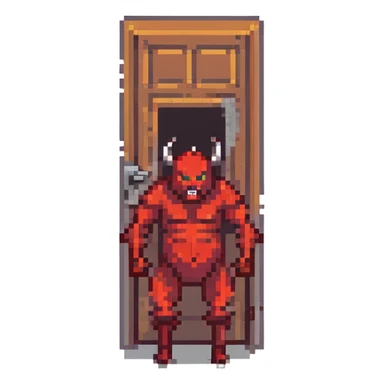 devil guy with a door for a torso and metal limbs taking a big ass fart
 sticker