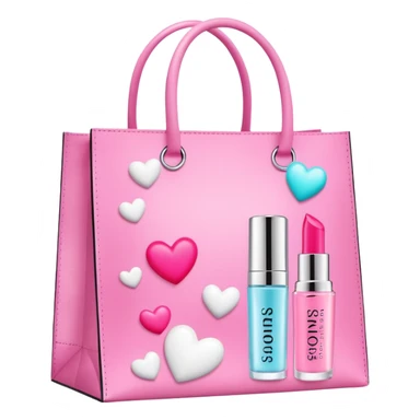 A Sephora shopping bag with a pink preppy lip balm and Summer Fridays branding peeking out, surrounded by sparkles and hearts, stylish and summery and sol de Janeiro perfume peeking out sticker