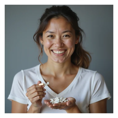 hyperrealistic 4K vertical 9:16 image of a woman with signs of insulin resistance including acanthosis nigricans and slight overweight, holding Metformin, hopeful expression, isolated white background sticker