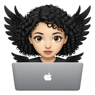 a girl using the mac book air with black curly hair and brown eyes with winged black eyeliner sticker