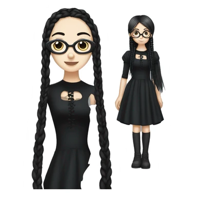 An emoji of a girl with long black braids, round glasses, and a gothic dress, standing next to her mother dressed in the same gothic style sticker