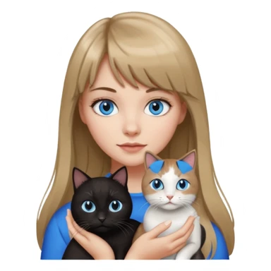 Apple-style emoji sticker of a young woman with long dark blond hair and bang, blue eyes , holding a black and white cat sticker