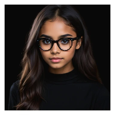 young brown girl with long dark brown hair, dark brown eyes, wearing black squared cat eye glasses sticker