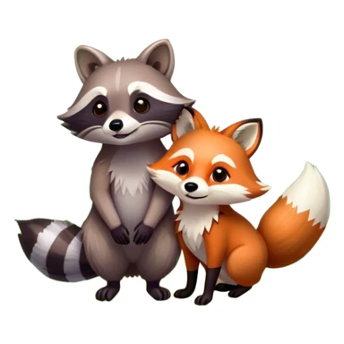 raccoon and a fox among a colorful forest with vibrant green trees, bushes and flowers. The animals are in the foreground, surrounded by a lush, bright forest, with soft sunlight filtering through the leaves. A playful and wild scene with a transparent background. sticker