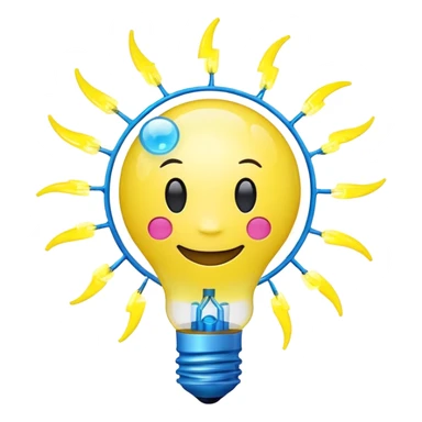 bright yellow lightbulb emoji with smiling face, small rotating atom inside, floating chemical bubbles, small electric blue lightning bolt on top, neon yellow #FFD700, electric blue #00BFFF, bright pink #FF69B4, representing creativity, science, and youthful innovation sticker