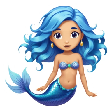 Cinematic Realistic Blue Hair Mermaid Portrait, head tilted playfully and inquisitively, showcasing a delicate, tropical form with finely detailed, flowing blue hair contrasting beautifully against her sun-kissed tanned skin. Her bright, curious eyes sparkle like sea gems under warm filtered light, rendered with lifelike clarity and soft underwater illumination—capturing the essence of a spirited mermaid poised to dance playfully amidst coral reefs. sticker