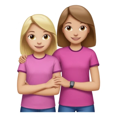 Two Girls with their arms around each other at summer camp one blonde one brown hair brown hair wearing pink shirt sticker