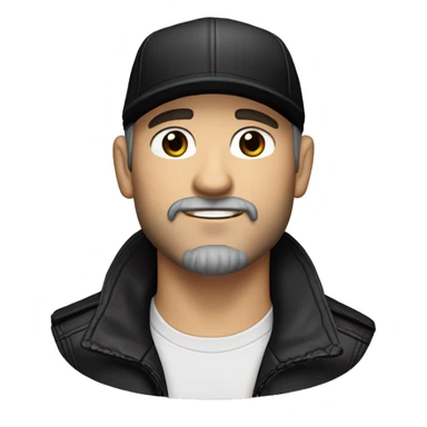 An adult white skin portrait of male with stubble and a slightly gray beard, brown hair, black eyes, wearing a black Reebok cap with a round emblem on his head, and a black leather jacket. sticker