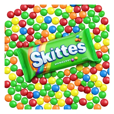 A multi-colored rainbow Skittles package next to a pile of exclusively green Skittles candies. The package shows all rainbow colors while the candies are only green. sticker