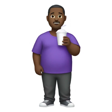 Obese black man wearing a purple jumpsuit suit while holding a white styrofoam cup with grape soda sticker