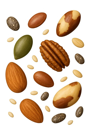 emoji stile iphone 3d di questi elementi che fluttuano in aria:

Semi di chia, lino, zucca, sesamo
Mandorle, noci pecan, noci brasiliane (porzioni limitate)

 che fluttuano sparse casualmente in aria, iperealistico 4k sticker
