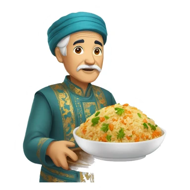 uzbek old man with national outfit chapon serving pilaf sticker
