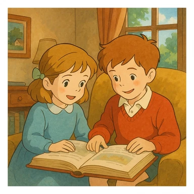 Janet and John story scene in ghibli style sticker