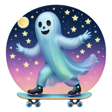 ghost skating under a pastel moon and stars sticker